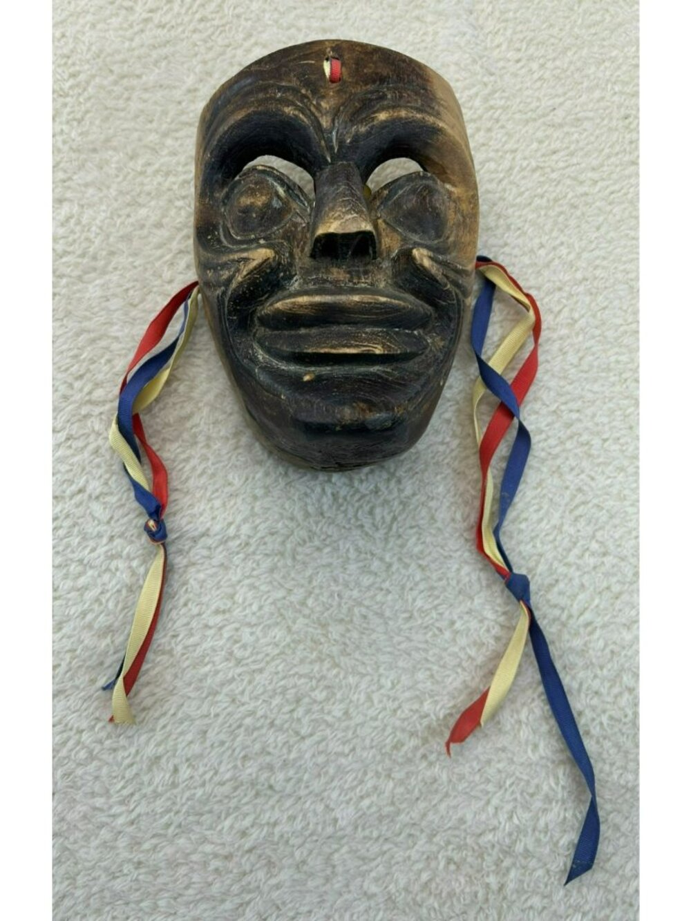Hand-Carved Wooden Tribal Mask With Red Blue & Yellow Ribbon Accents Good Condit